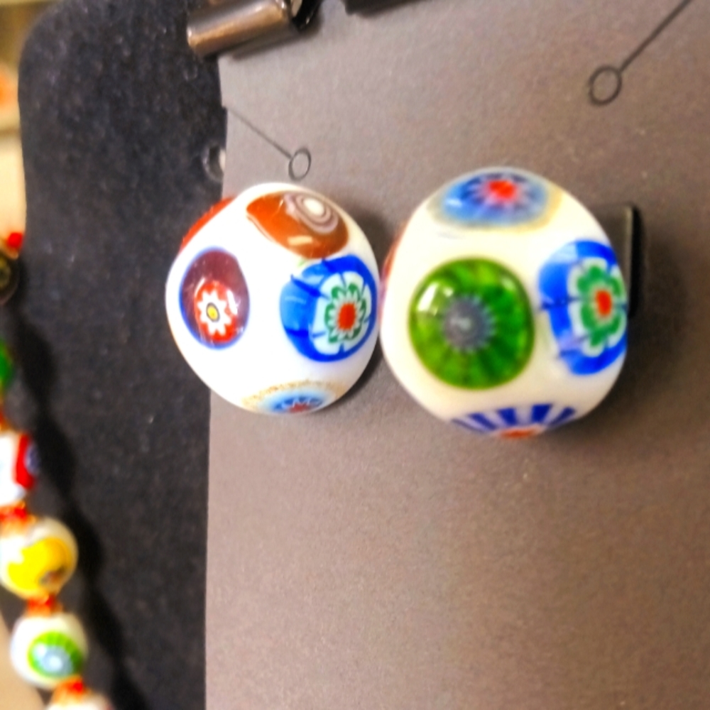 Vintage Millefiori Glass Bead Necklace Earrings Jewelry Set
